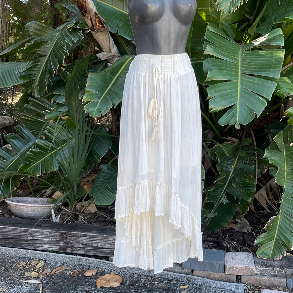 Gold striped ruffled high low skirt